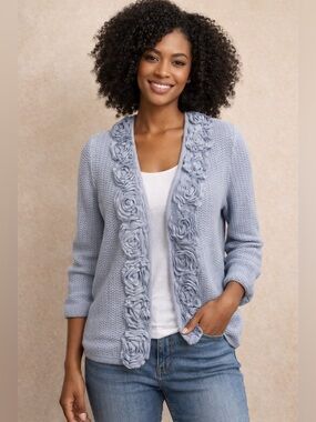 Ruby Rd Soft Blue Rosette Knit Cardigan – Feminine & Romantic Detail